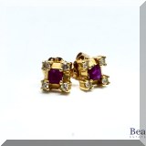 J016. 14K yellow gold stud earrings wwith diamonds and red stones. - $145 
